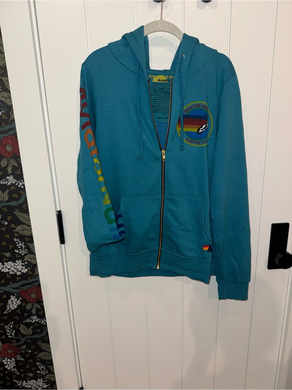 Aviator Nation Austin TX Full Zip Hoodie Teal Rainbow Sleeve Logo | Size L